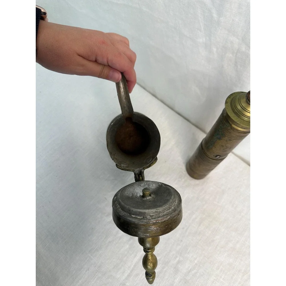 Vintage Islamic Turkish Brass Dallah Coffee Pot and Coffee Grinder Set Gold